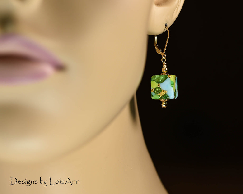 Murano Glass Earrings: Green Aqua Gold Foil, 14kt Gold Filled