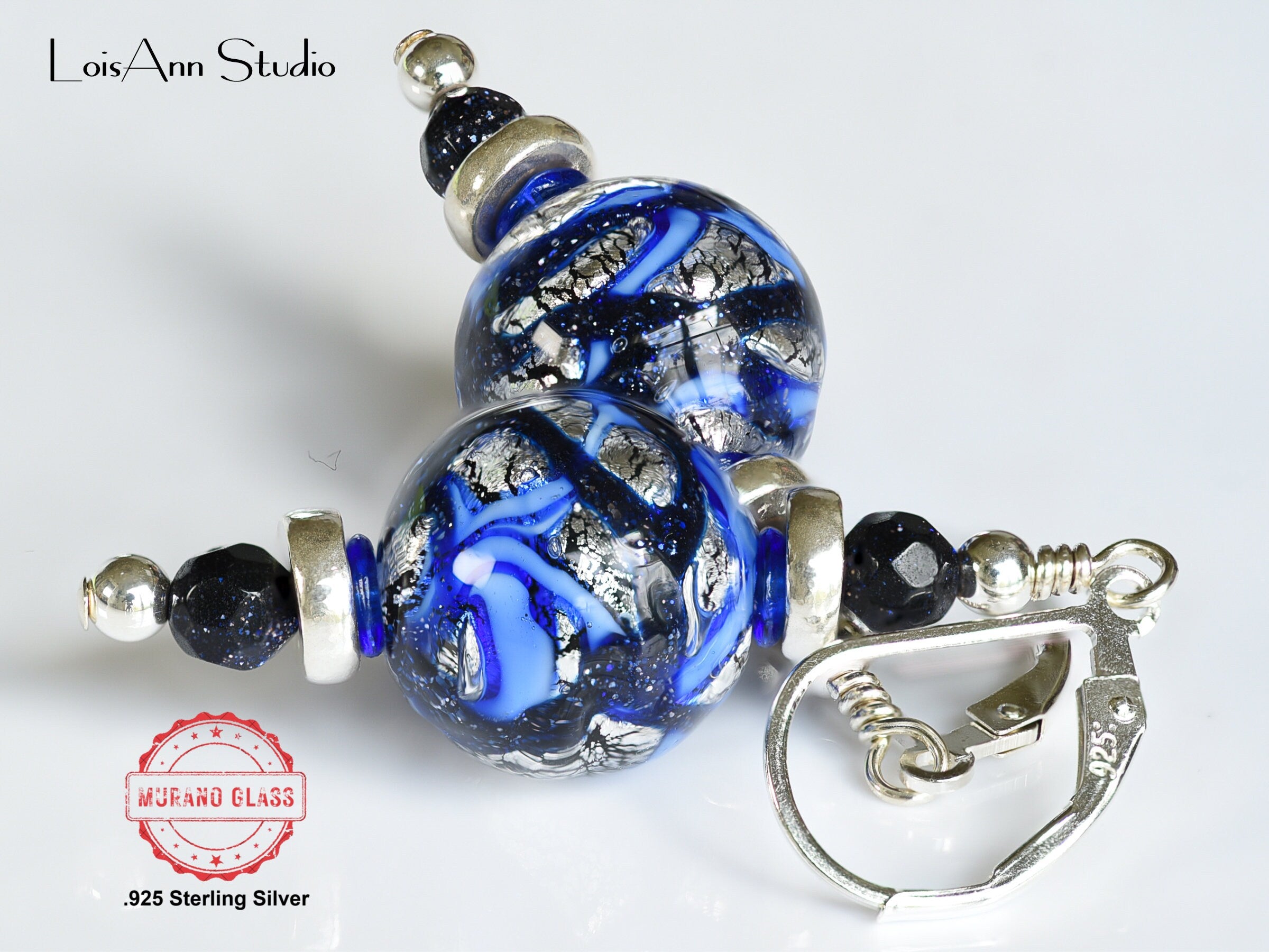 Murano Glass Earrings: Sterling Silver Foil, Blue Goldstone, Handmade
