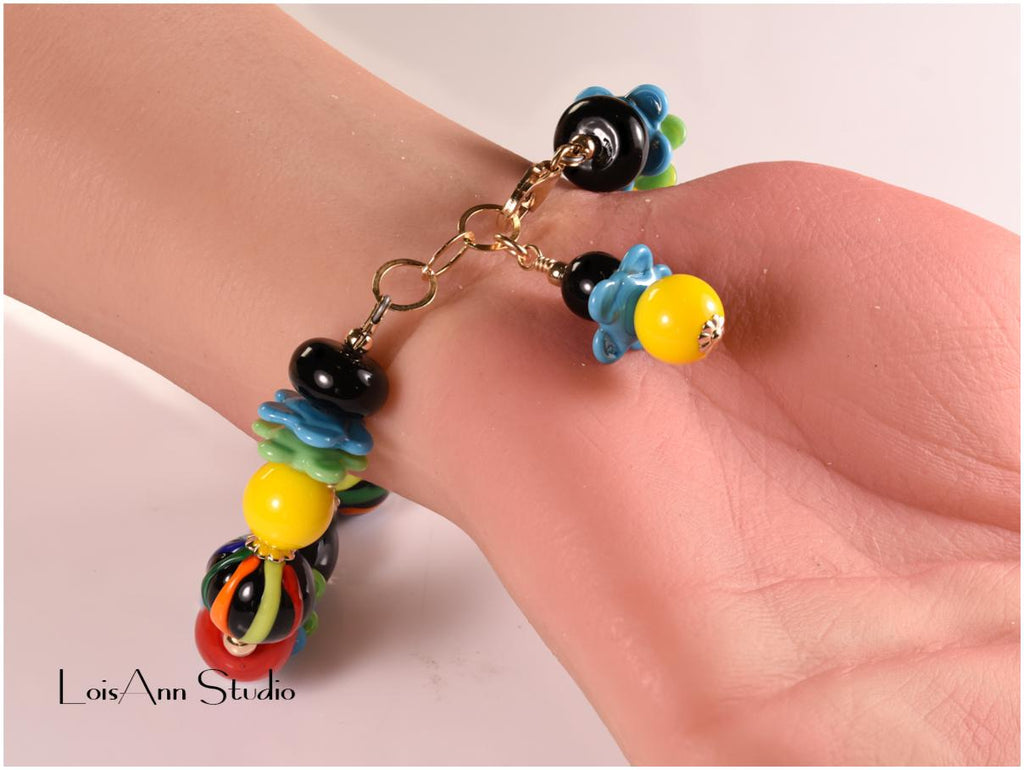 Lampwork Glass Bracelet: Multicolor Artisan Jewelry, 14kt Gold Filled