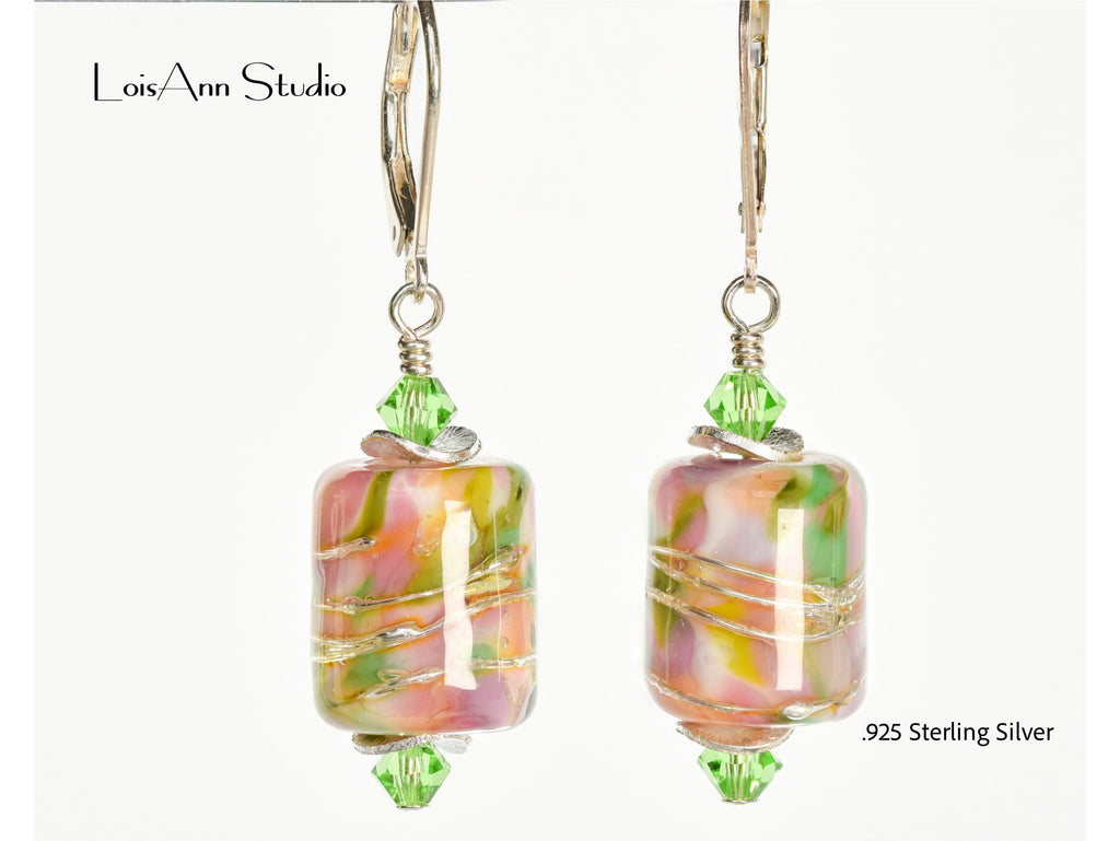 Pink & Spring Green Lampwork Earrings, Sterling Silver, Handmade