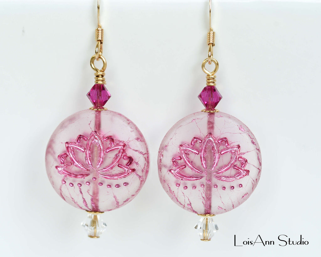 Etched Lotus Flower Earrings: Fuchsia Czech Glass, 14kt Gold Filled