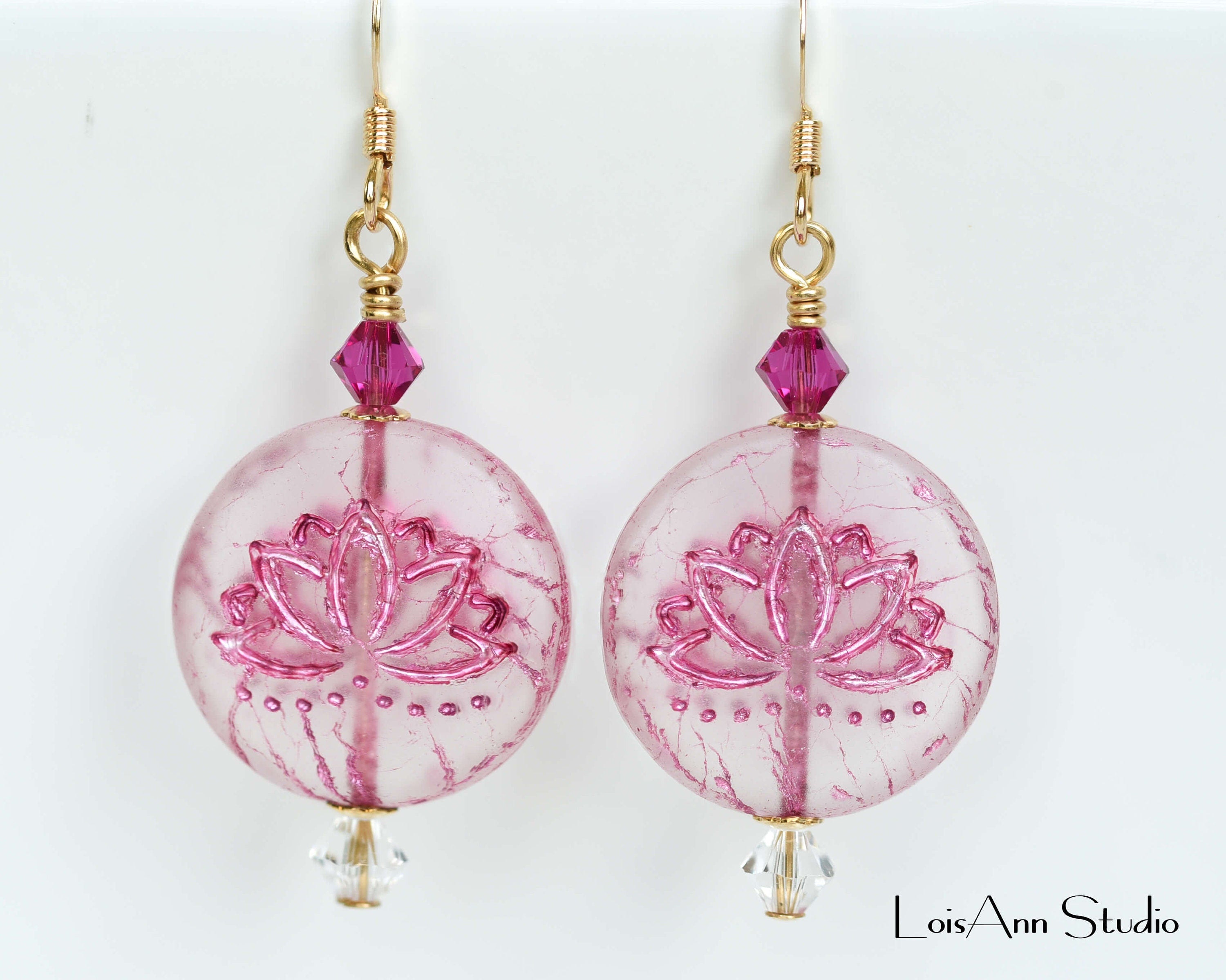 Etched Lotus Flower Earrings: Fuchsia Czech Glass, 14kt Gold Filled