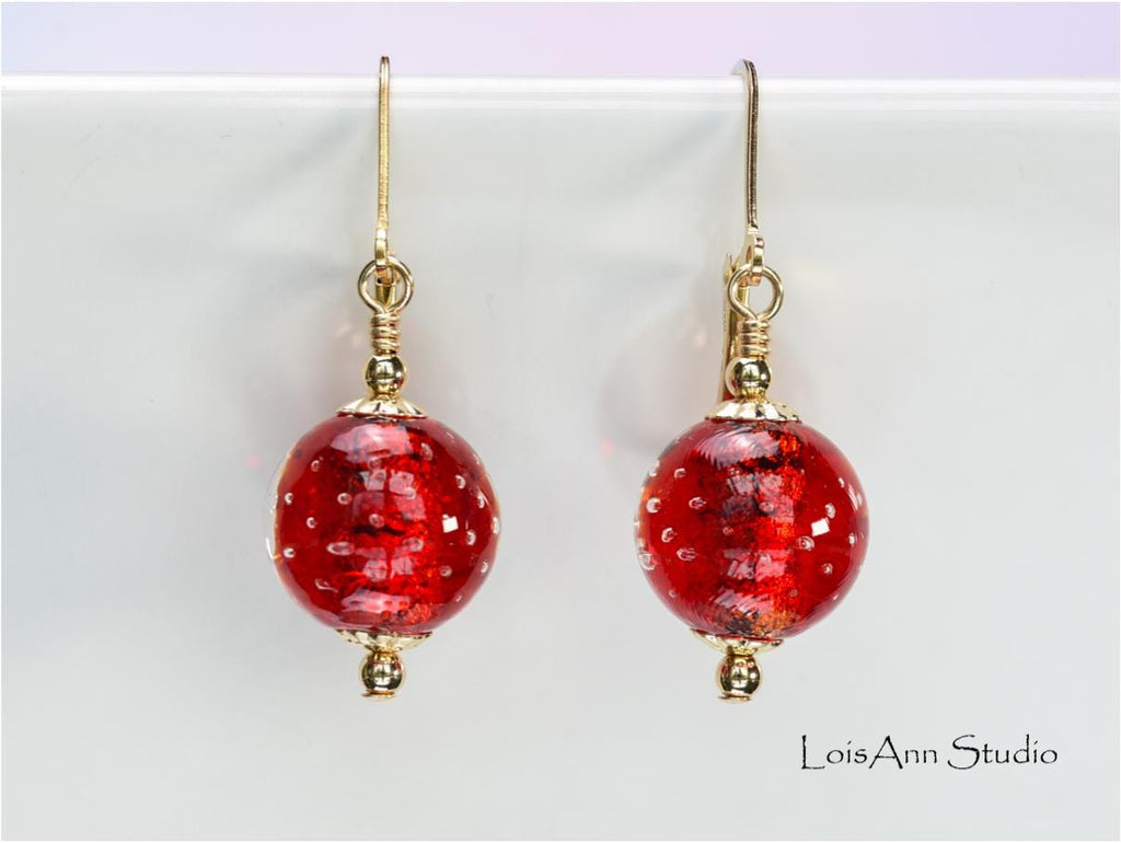 Red Murano Bollicine Glass Earrings, Lampwork Beads, 14kt Gold Filled