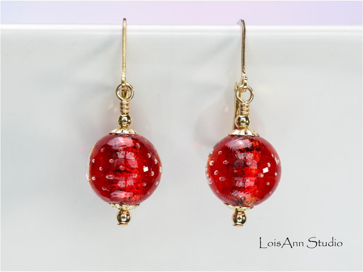 Red Murano Bollicine Glass Earrings, Lampwork Beads, 14kt Gold Filled