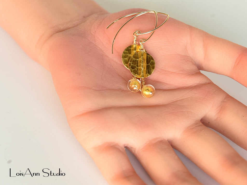Hammered Gold Vermeil Earrings: Artisan Earrings, 14K Gold Filled, Dangle Earrings, Gift for Her