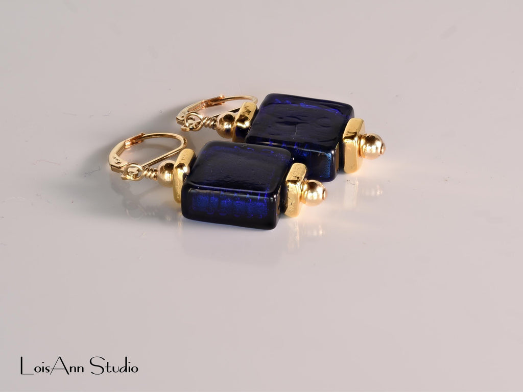 Cobalt Blue and 24K Gold Foil Earrings:  Navy Blue Earrings, Venetian Murano Glass, 14K Gold Filled, Gift for Her, Free Shipping