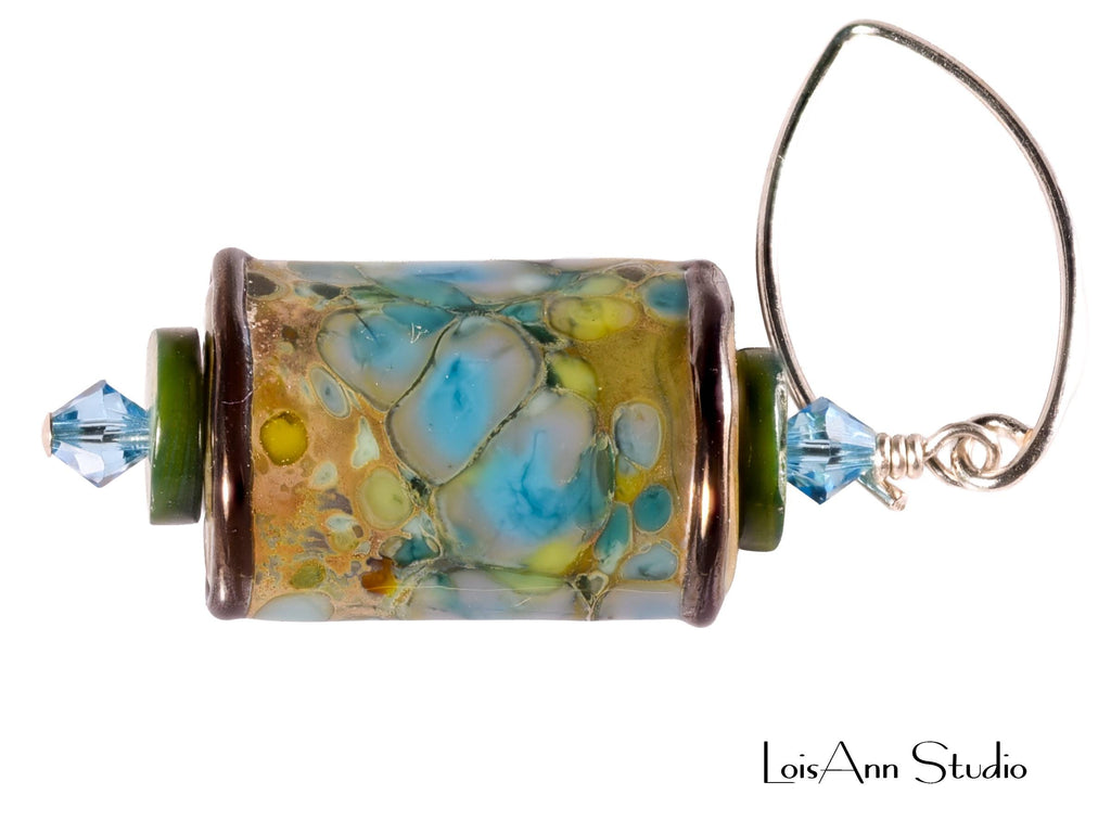 Green Lampwork Beaded Earrings:  Olive Green and Turquoise Blue, Sterling Silver