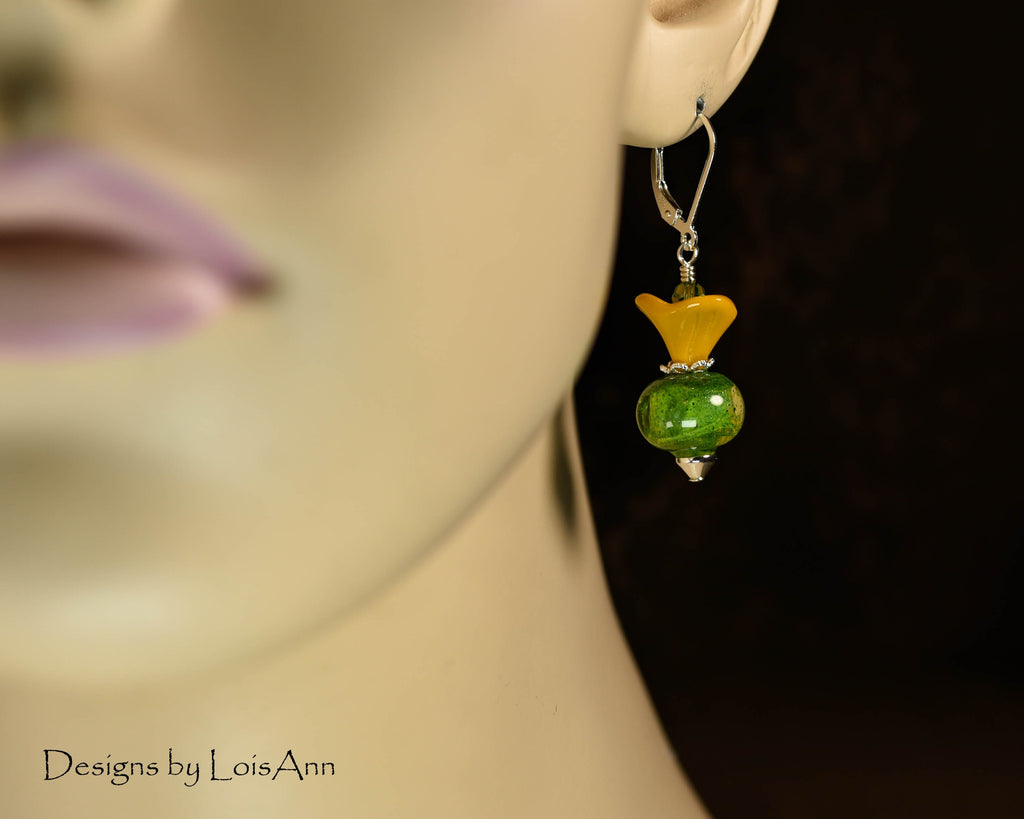 Lampwork Sterling Silver Earrings: Green Aventurine, Yellow Flower Beads
