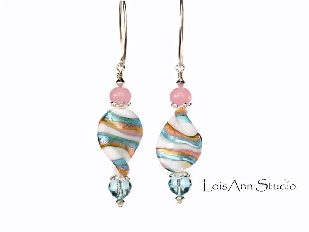 Murano Glass Earrings: Pink & Caribbean Blue, Sterling Silver, Artisan Lampwork