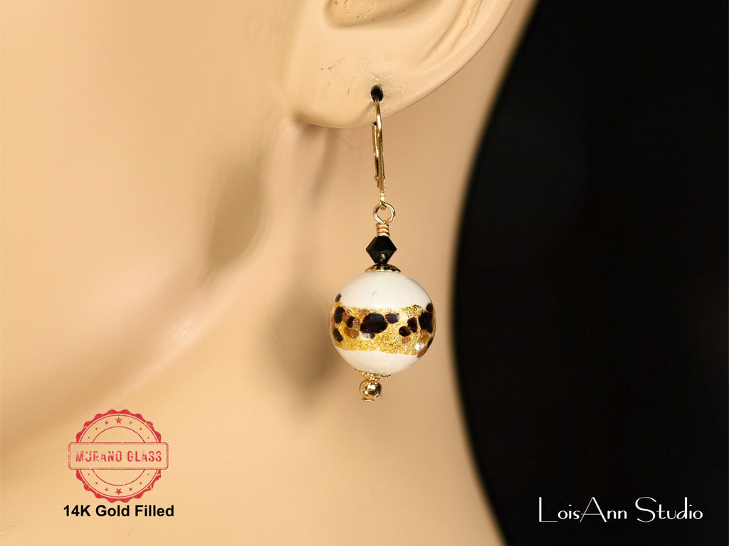 Animal Print Murano Glass Earrings: 14kt Gold Filled Lever Backs, Hand Torched Glass