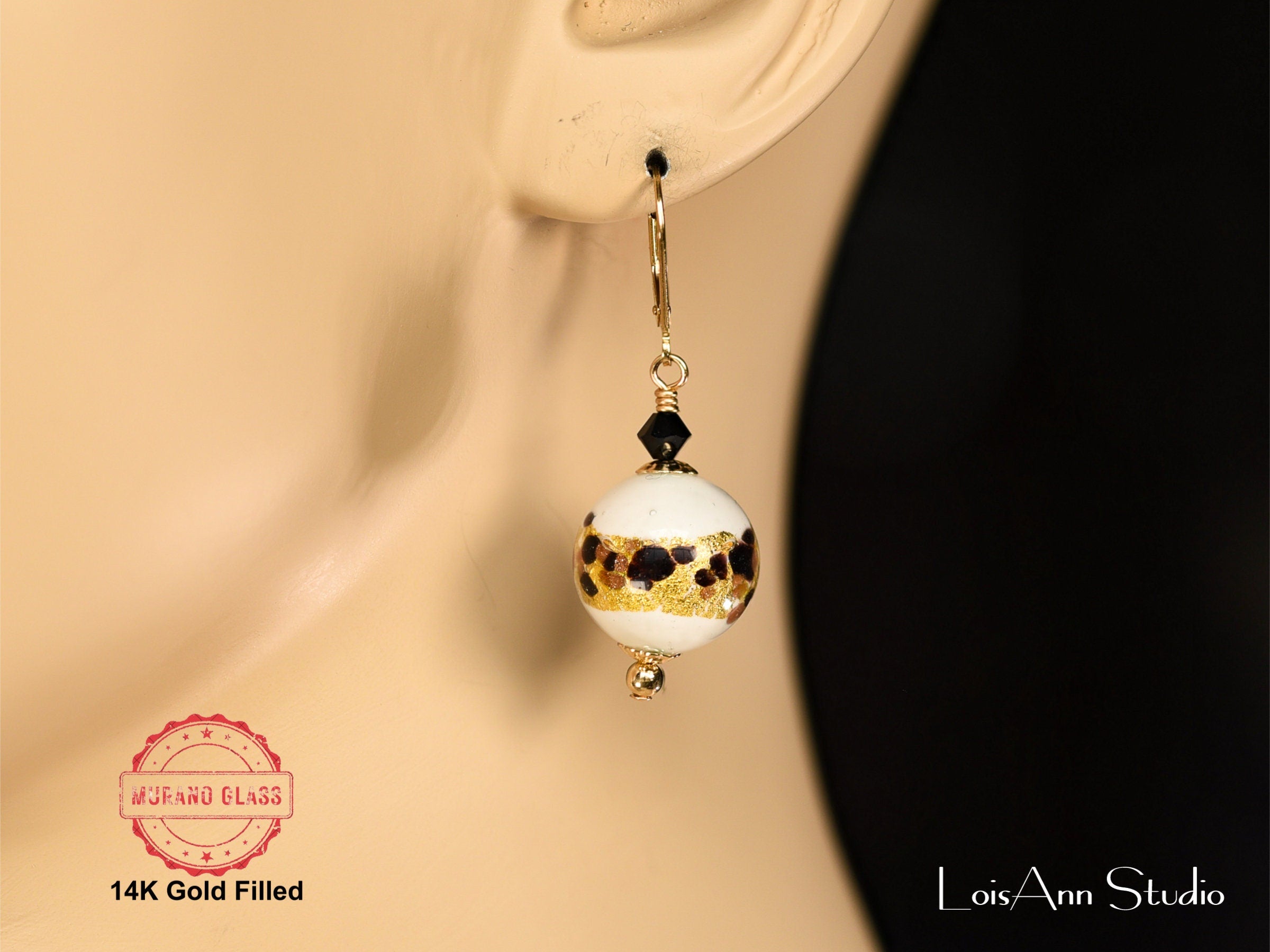 Animal Print Murano Glass Earrings: 14kt Gold Filled Lever Backs, Hand Torched Glass