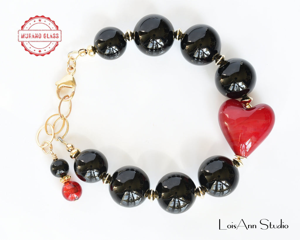 Murano Red Heart Bracelet: 14k Gold Filled Romantic Jewelry, Gift for Her