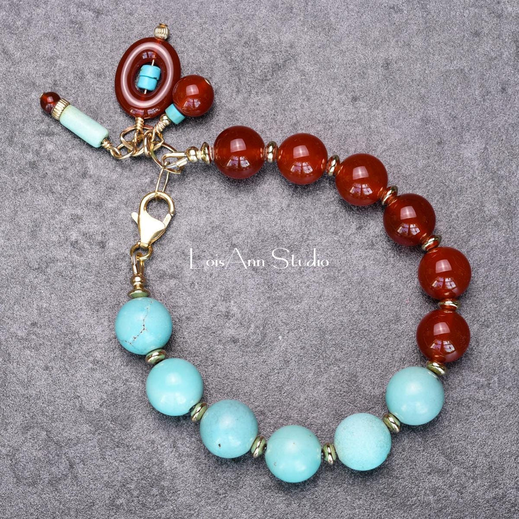 Carnelian and Turquoise Bracelet: 14kt Gold Filled Beaded Charm Bracelet