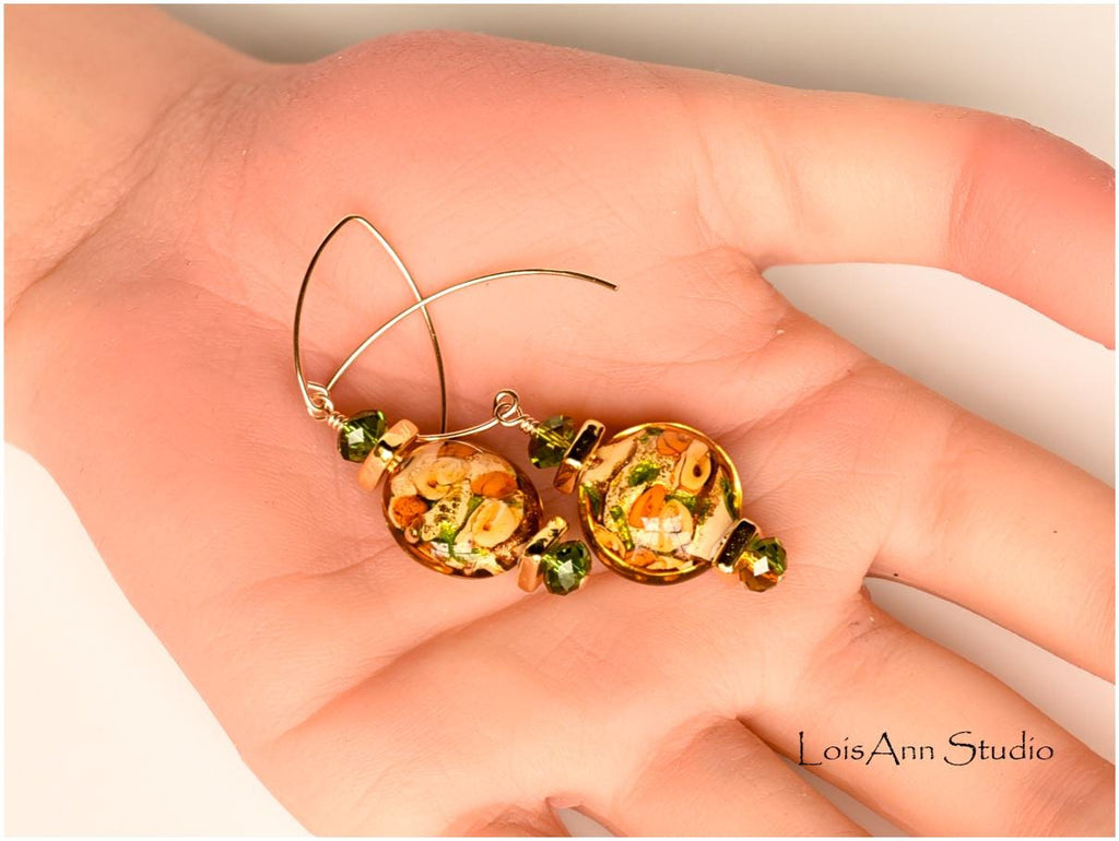 Lampwork Murano Glass Rose Earrings: 14kt Gold Filled, Venetian Beads