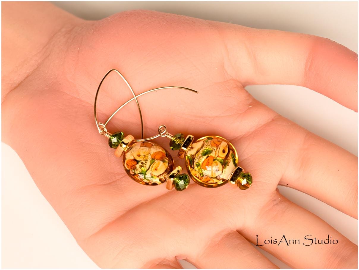 Lampwork Murano Glass Rose Earrings: 14kt Gold Filled, Venetian Beads
