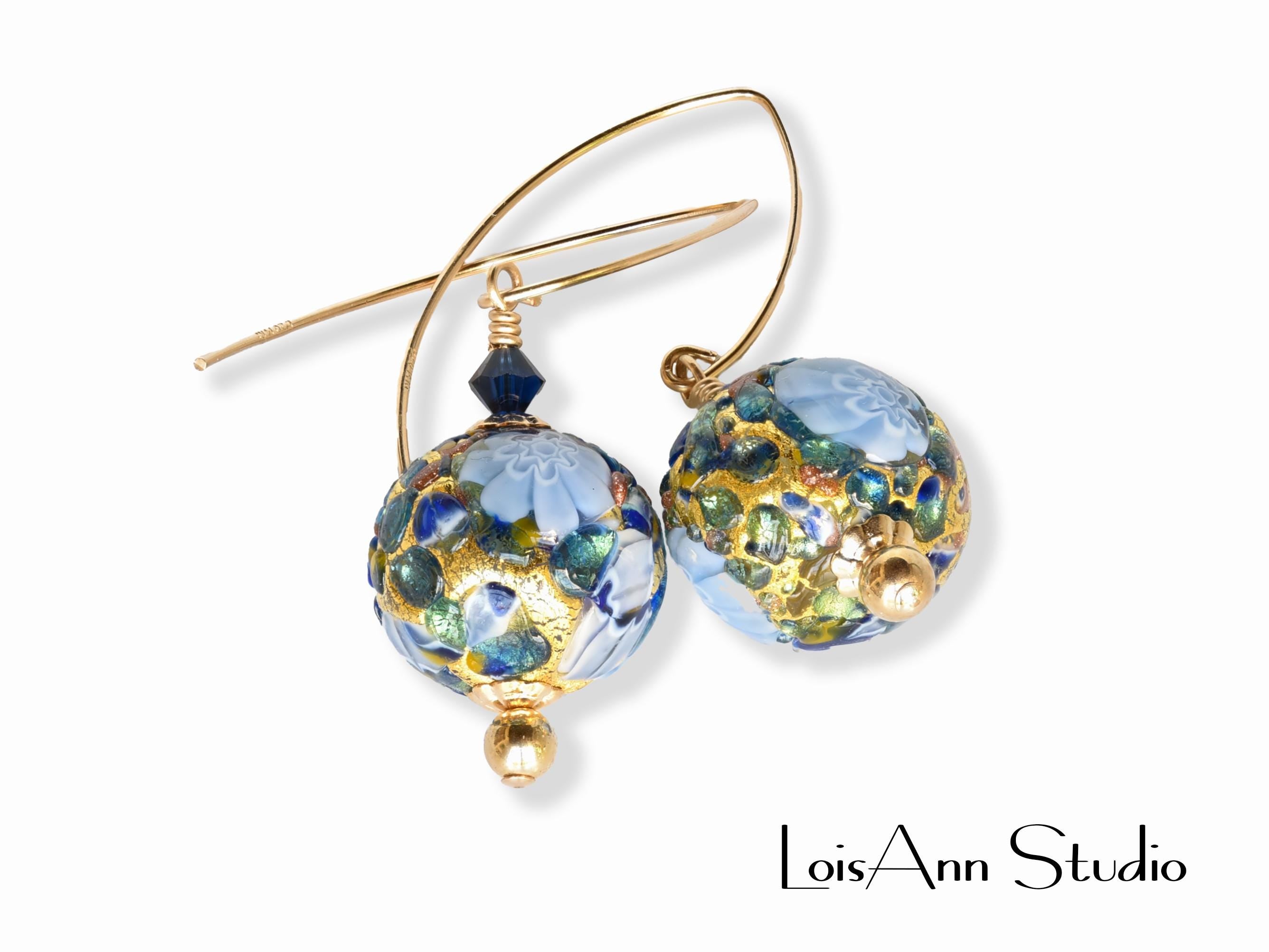 Murano Glass Millefiori Earrings:  Blue and Gold Foil, Art Glass Beaded Earrings, 14K Gold Filled Ear Wires