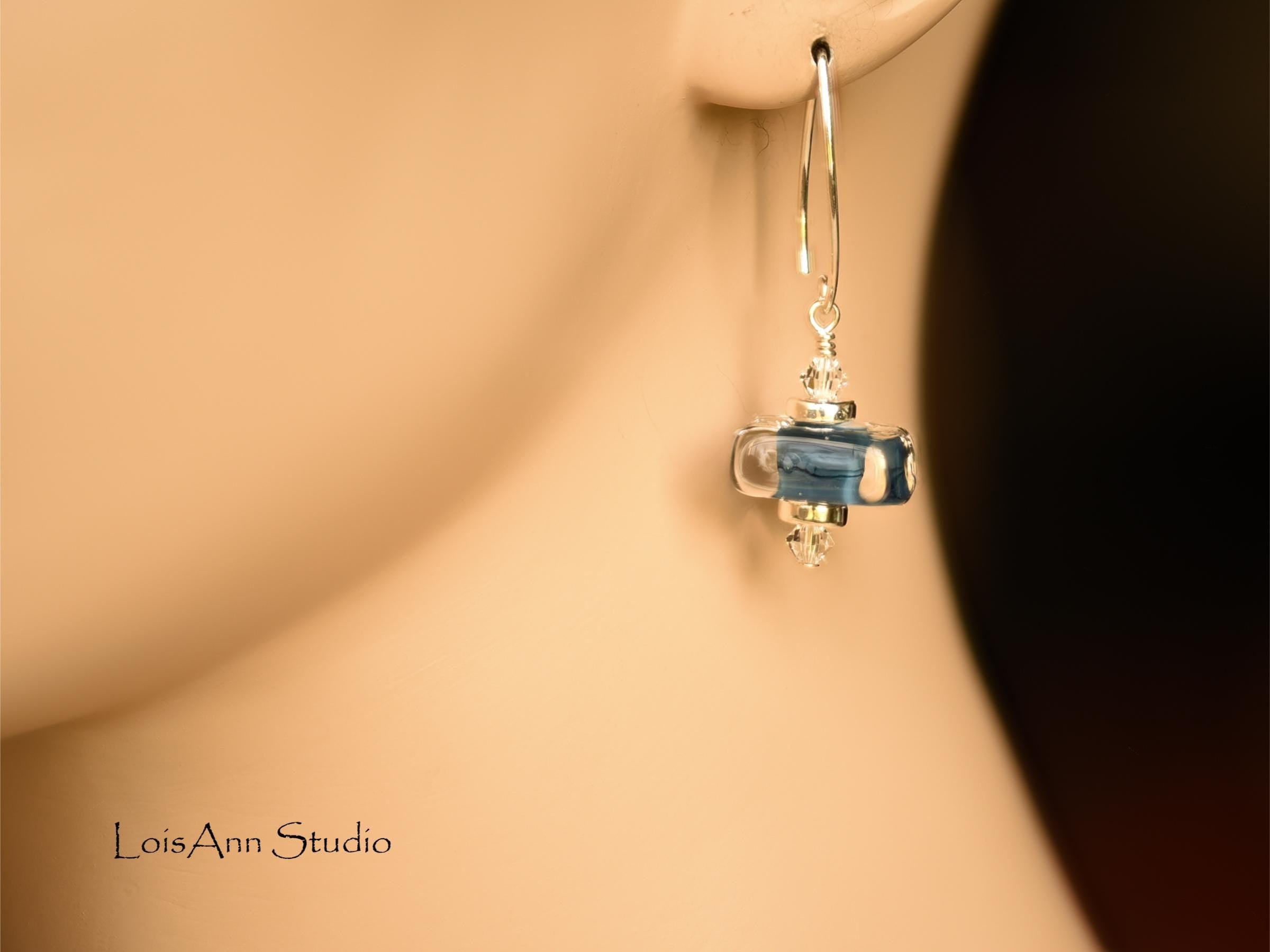 Lampwork Glass Earrings: Smoky Blue Artisan Beads, Handmade, Sterling Silver