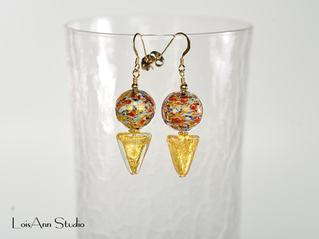 Murano Multi Color Earrings, Klimt Style, Beaded, 14kt Gold Filled, Gift for Her