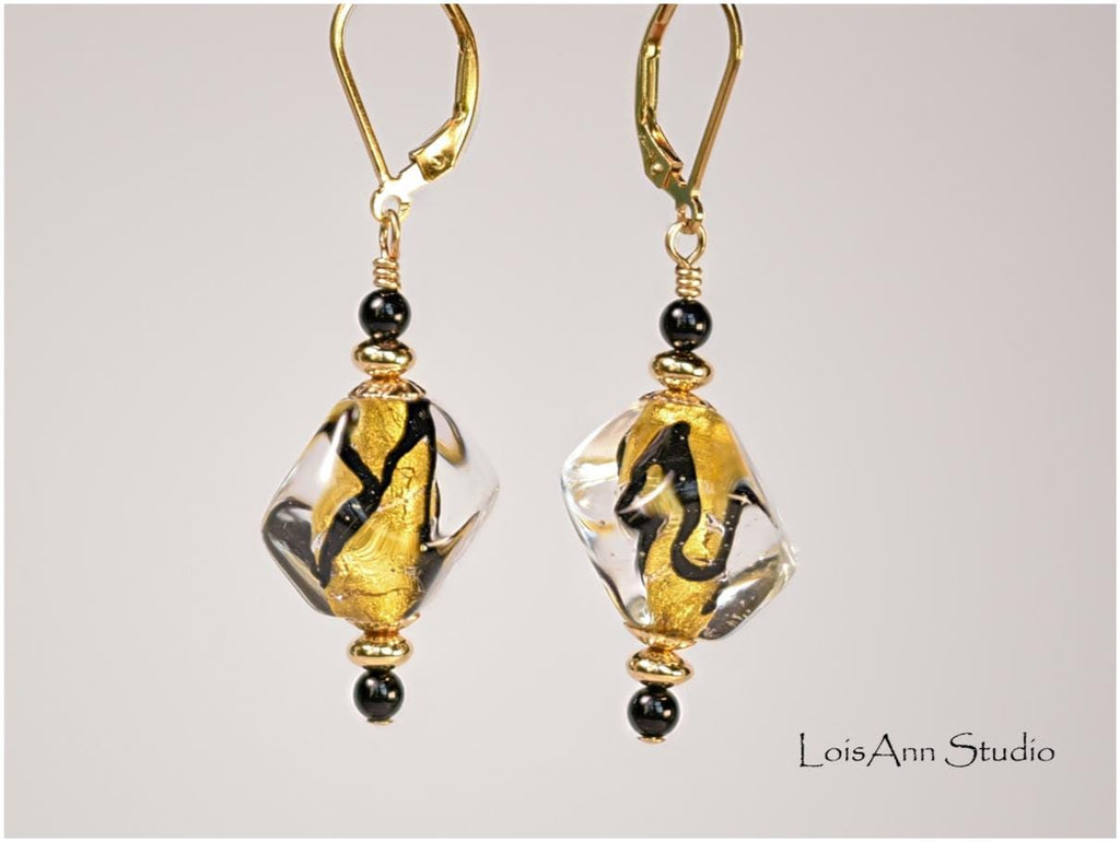 Murano Gold Foil Pebble Earrings: Lampwork Artisan Jewelry