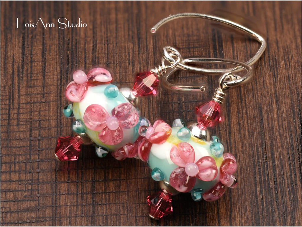Pink Lampwork Beaded Earrings: Sterling Silver, Swarovski Crystals