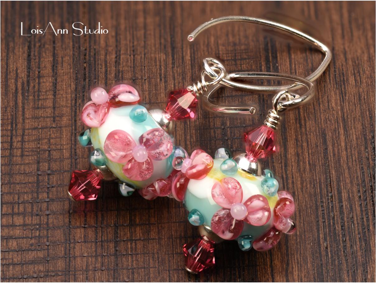 Pink Lampwork Beaded Earrings: Sterling Silver, Swarovski Crystals