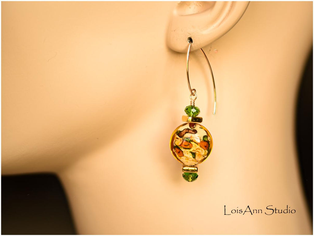 Lampwork Murano Glass Rose Earrings: 14kt Gold Filled, Venetian Beads