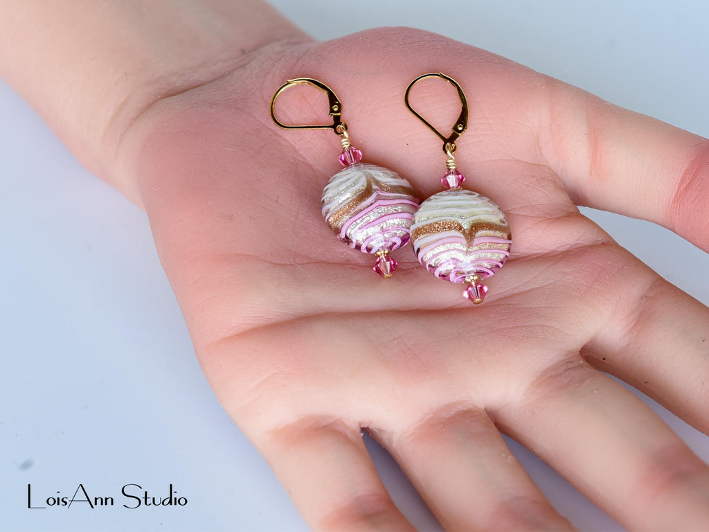 Murano Glass Earrings: Pink, Gold Foil, Aventurina, 14K Gold Filled