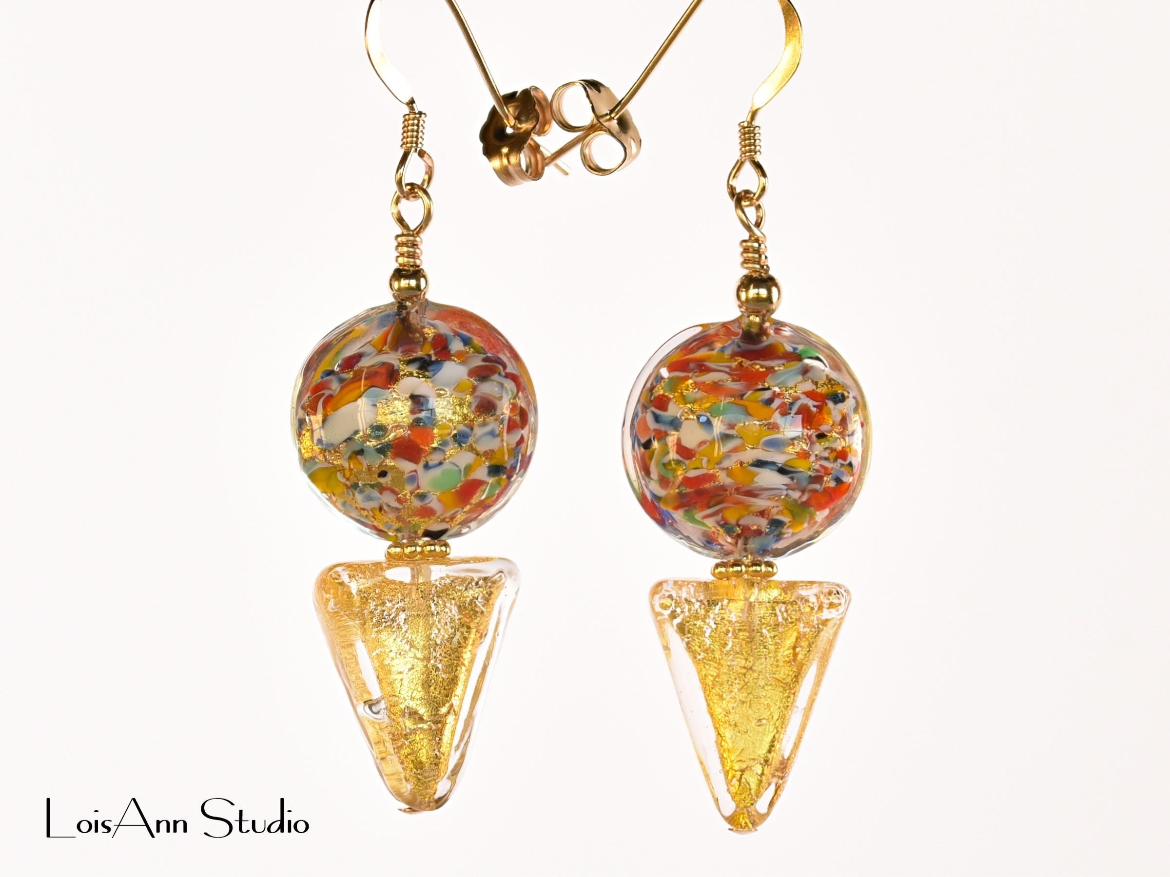 Murano Multi Color Earrings, Klimt Style, Beaded, 14kt Gold Filled, Gift for Her