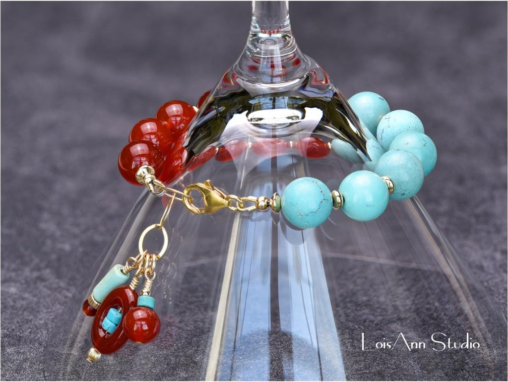 Carnelian and Turquoise Bracelet: 14kt Gold Filled Beaded Charm Bracelet