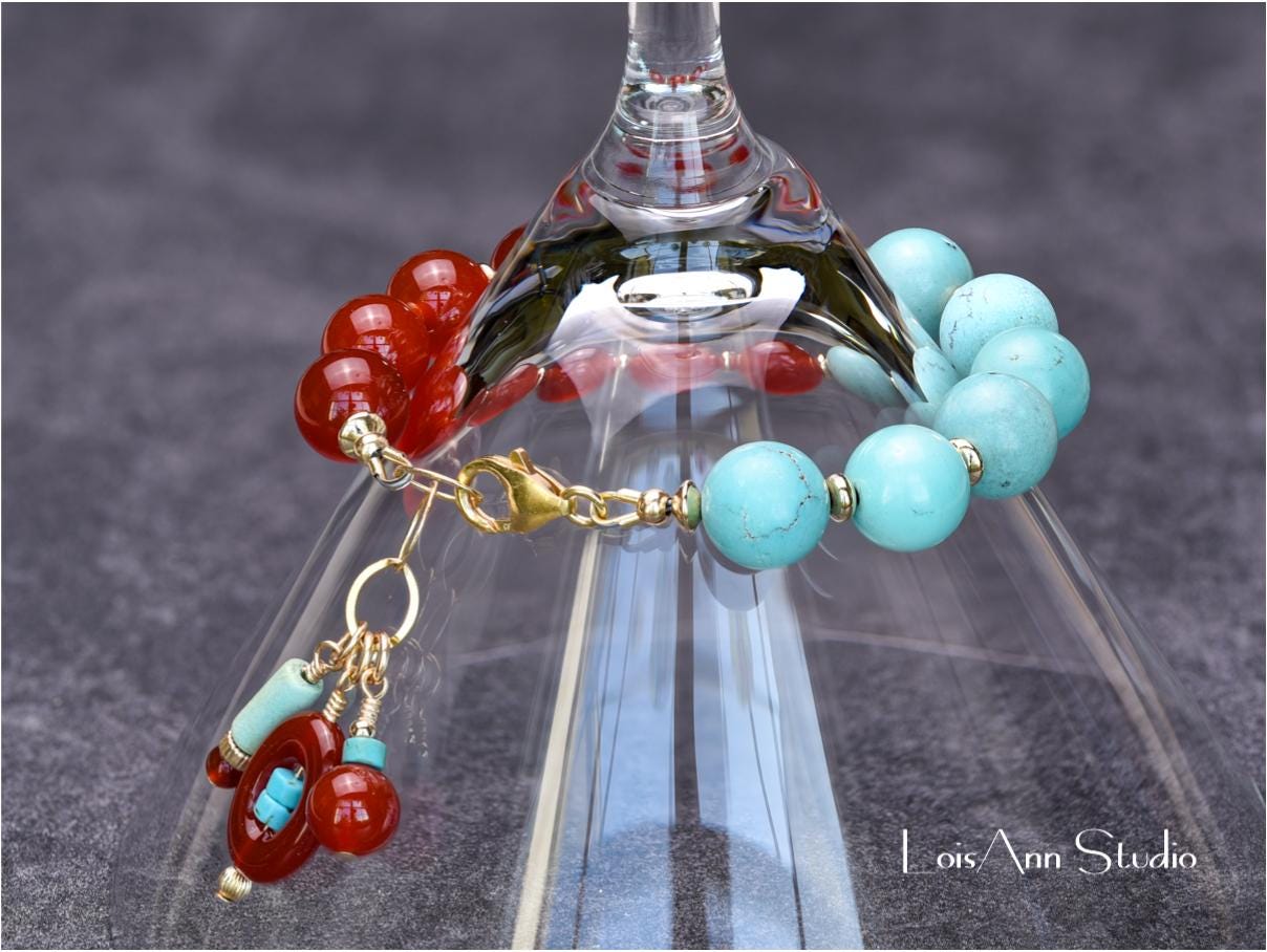 Carnelian and Turquoise Bracelet: 14kt Gold Filled Beaded Charm Bracelet