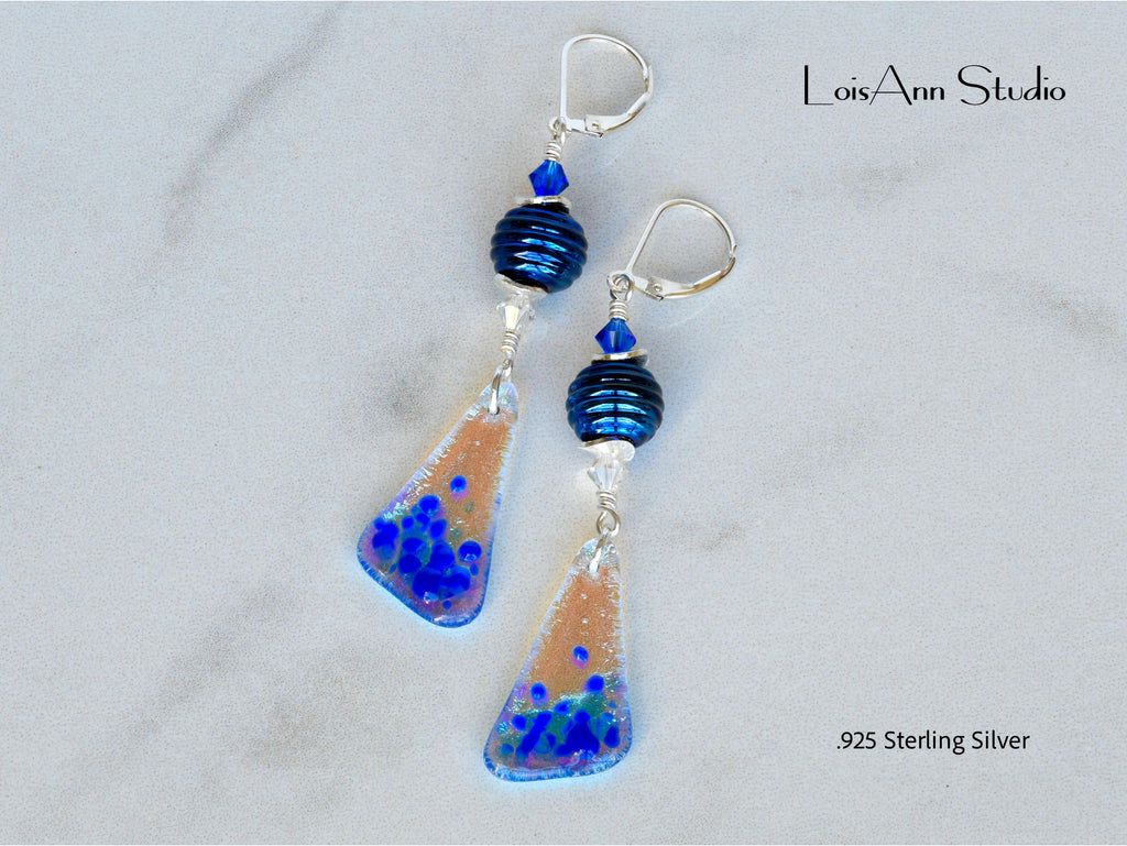 Sapphire Blue Dichroic Sterling Silver Dangle Earrings
