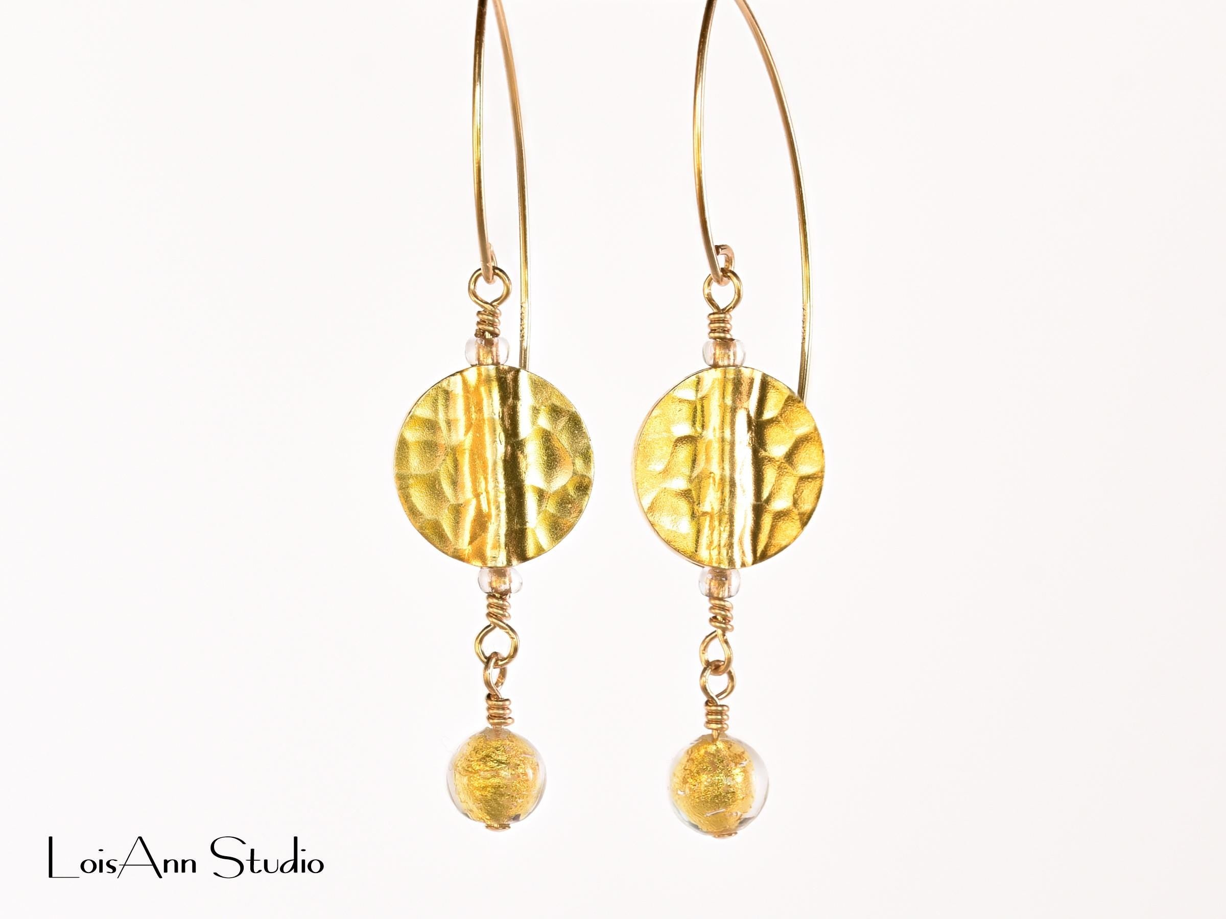 Hammered Gold Vermeil Earrings: Artisan Earrings, 14K Gold Filled, Dangle Earrings, Gift for Her