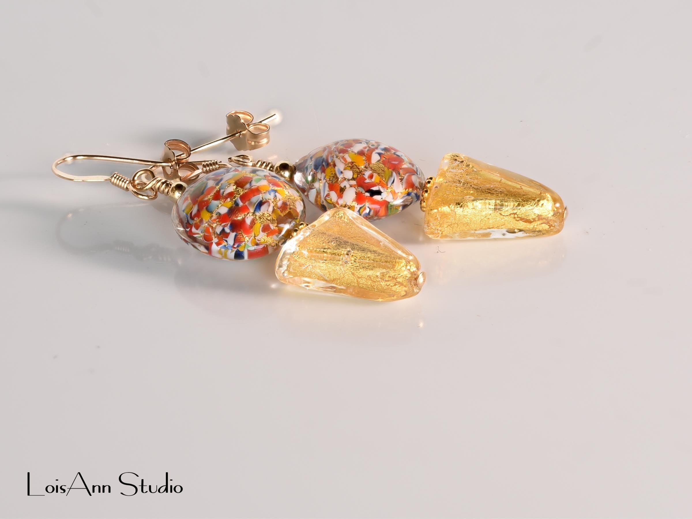 Murano Multi Color Earrings, Klimt Style, Beaded, 14kt Gold Filled, Gift for Her