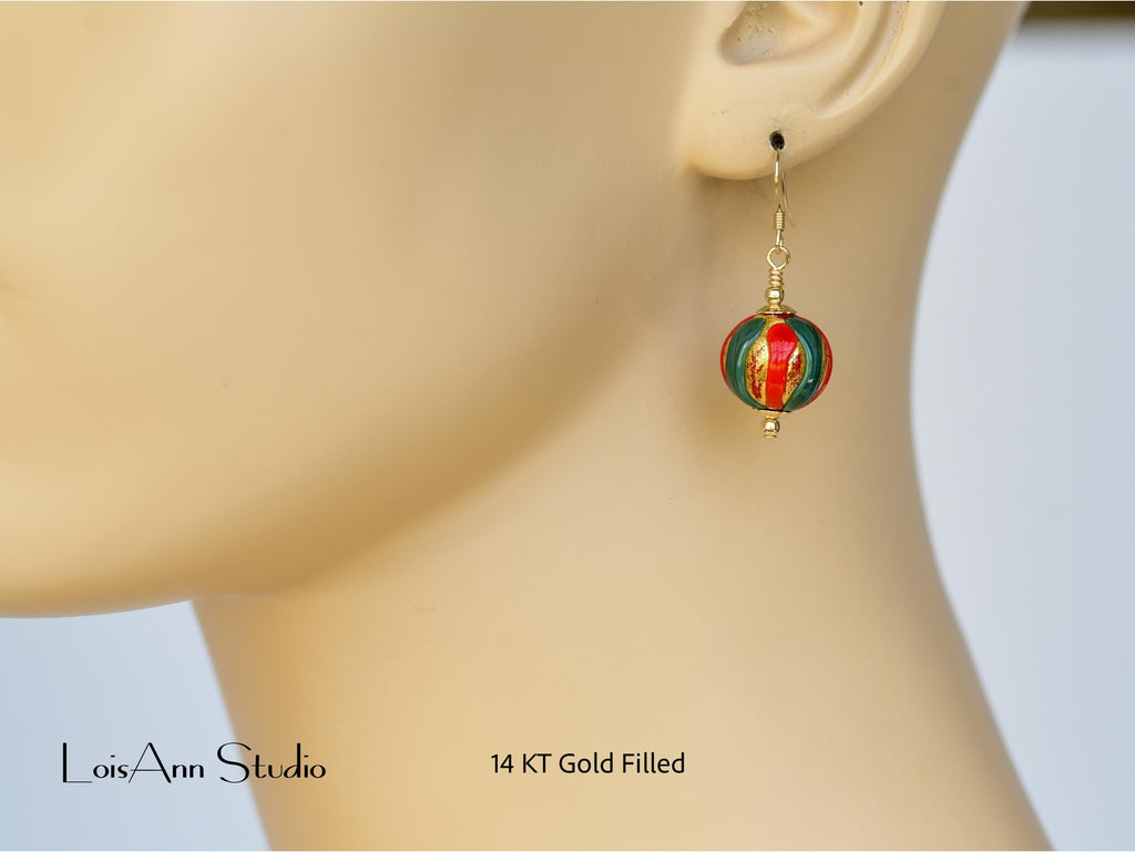 Murano Glass Christmas Earrings: Red Green Gold, 14kt Gold Filled