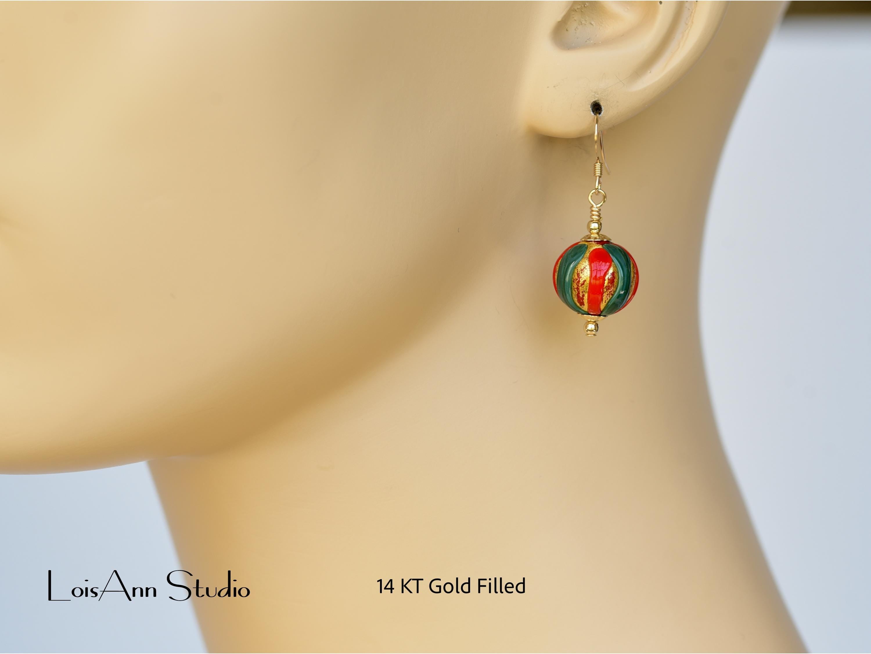 Murano Glass Christmas Earrings: Red Green Gold, 14kt Gold Filled