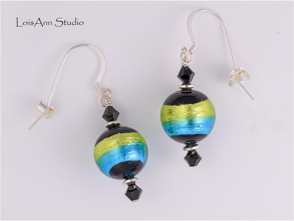 Murano Glass Earrings: Black, Green, Aqua Sterling Silver