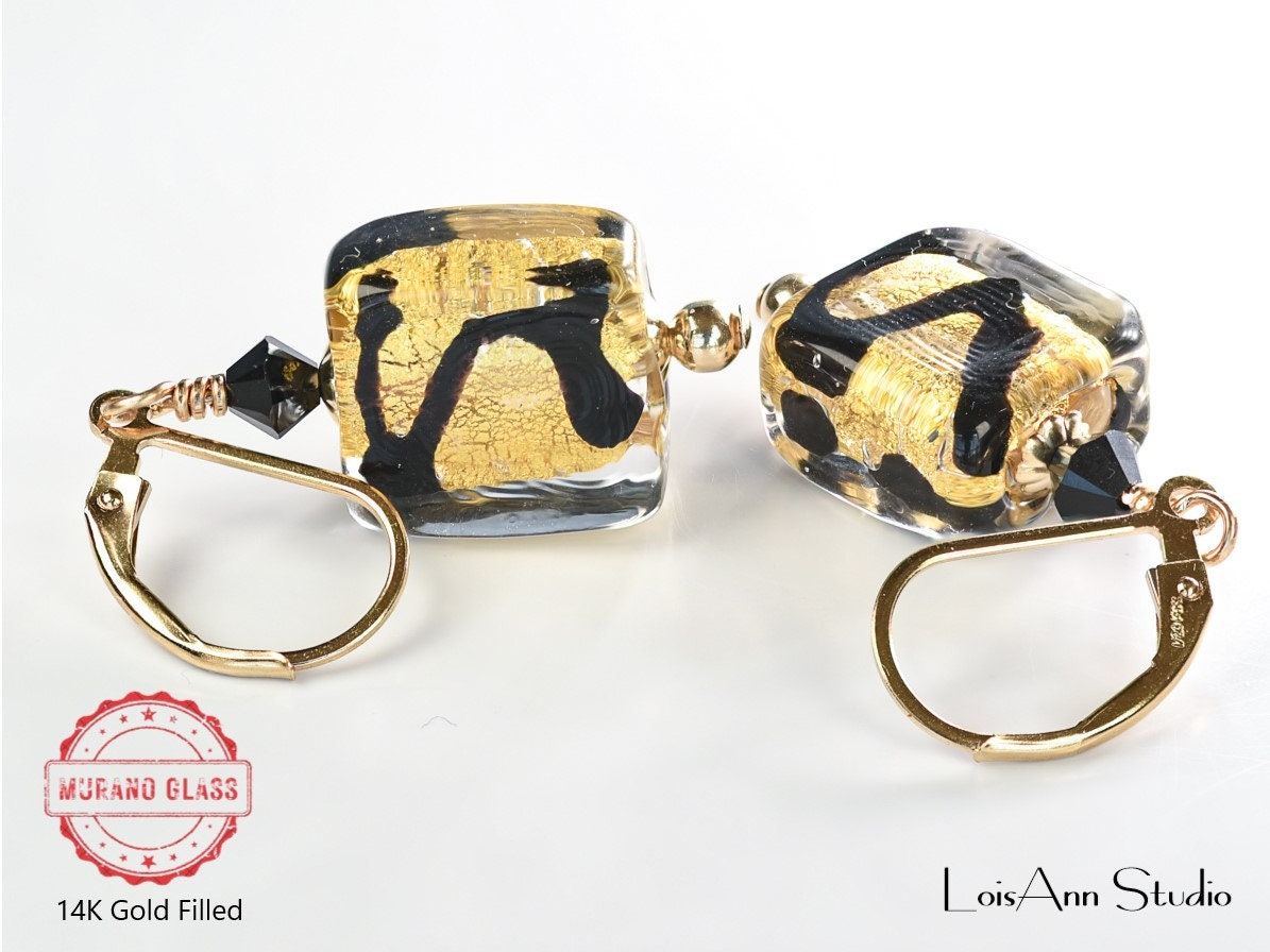 Murano Glass Earrings: 24kt Gold & Black, 14kt Gold Filled Leverbacks
