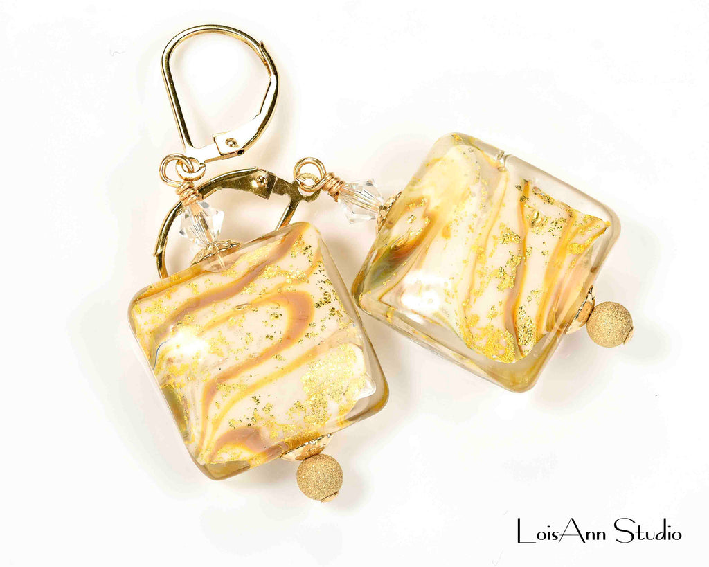 Rare Calcedonia Murano Glass 24kt Gold Foil Earrings, 14kt Gold Filled Lever Back Ear Wires for Pierced Ears, Handmade Lampwork