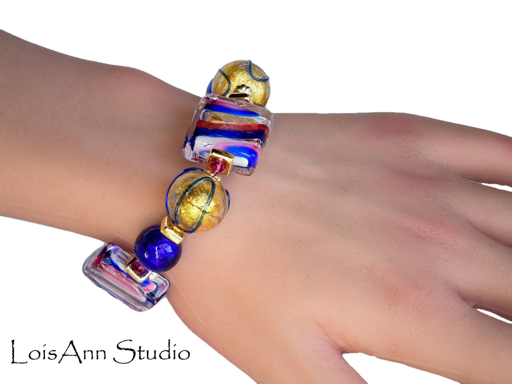 Chunky Venetian Murano Glass Bracelet:  Cobalt Blue and Fuchsia Pink, 14K Gold Filled, Adjustable