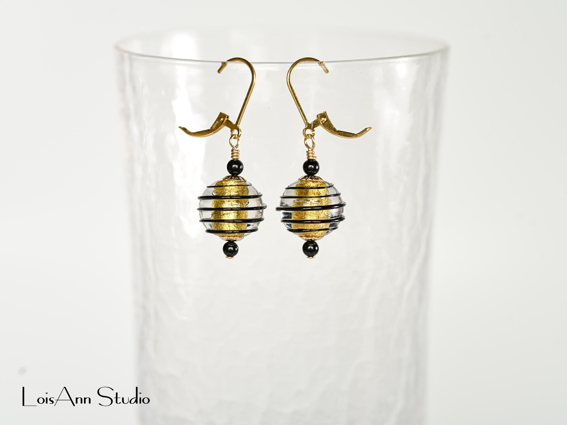1-1/2 Inch Black and Gold Lampwork Beaded Earrings, Venetian Murano Glass