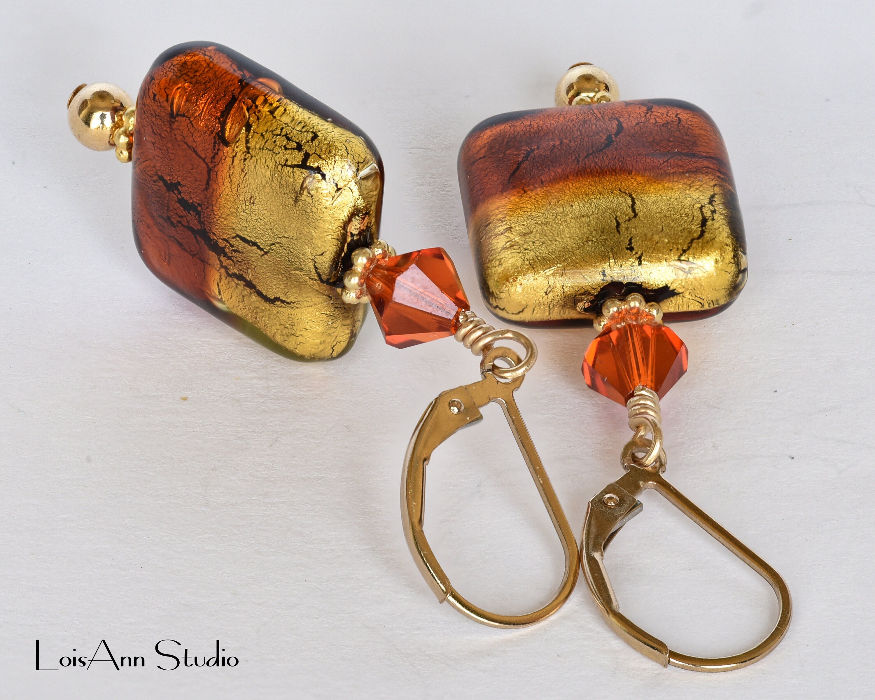 Topaz Murano Glass Earrings: 24kt Gold Foil, 14kt GF Ear Wires