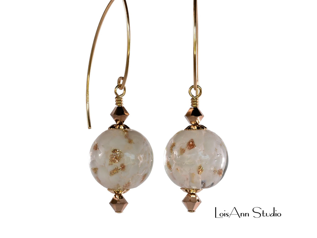 Murano Glass Beaded Earrings: White, Aventurina, 14K Gold Filled