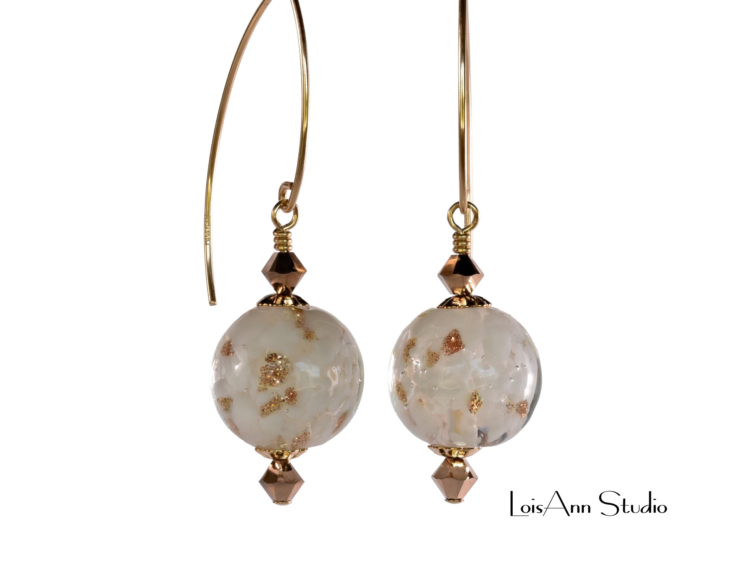 Murano Glass Beaded Earrings: White, Aventurina, 14K Gold Filled