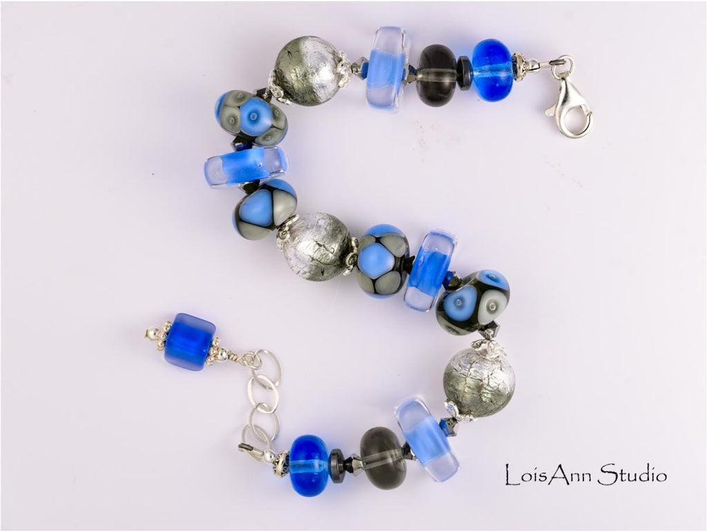 Blue Lampwork Glass Bracelet: Sterling Silver, Adjustable Artisan Jewelry
