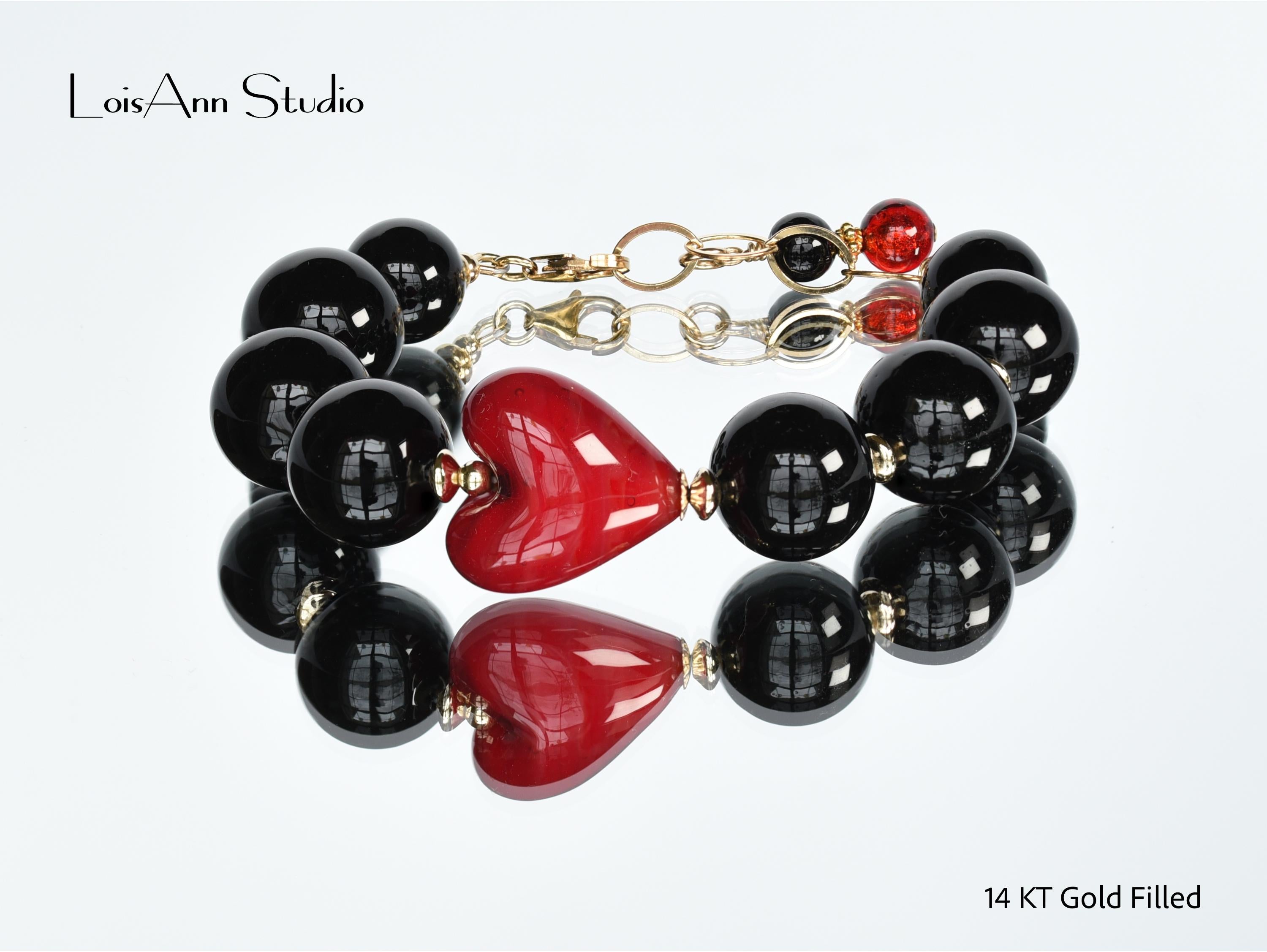 Murano Red Heart Bracelet: 14k Gold Filled Romantic Jewelry, Gift for Her