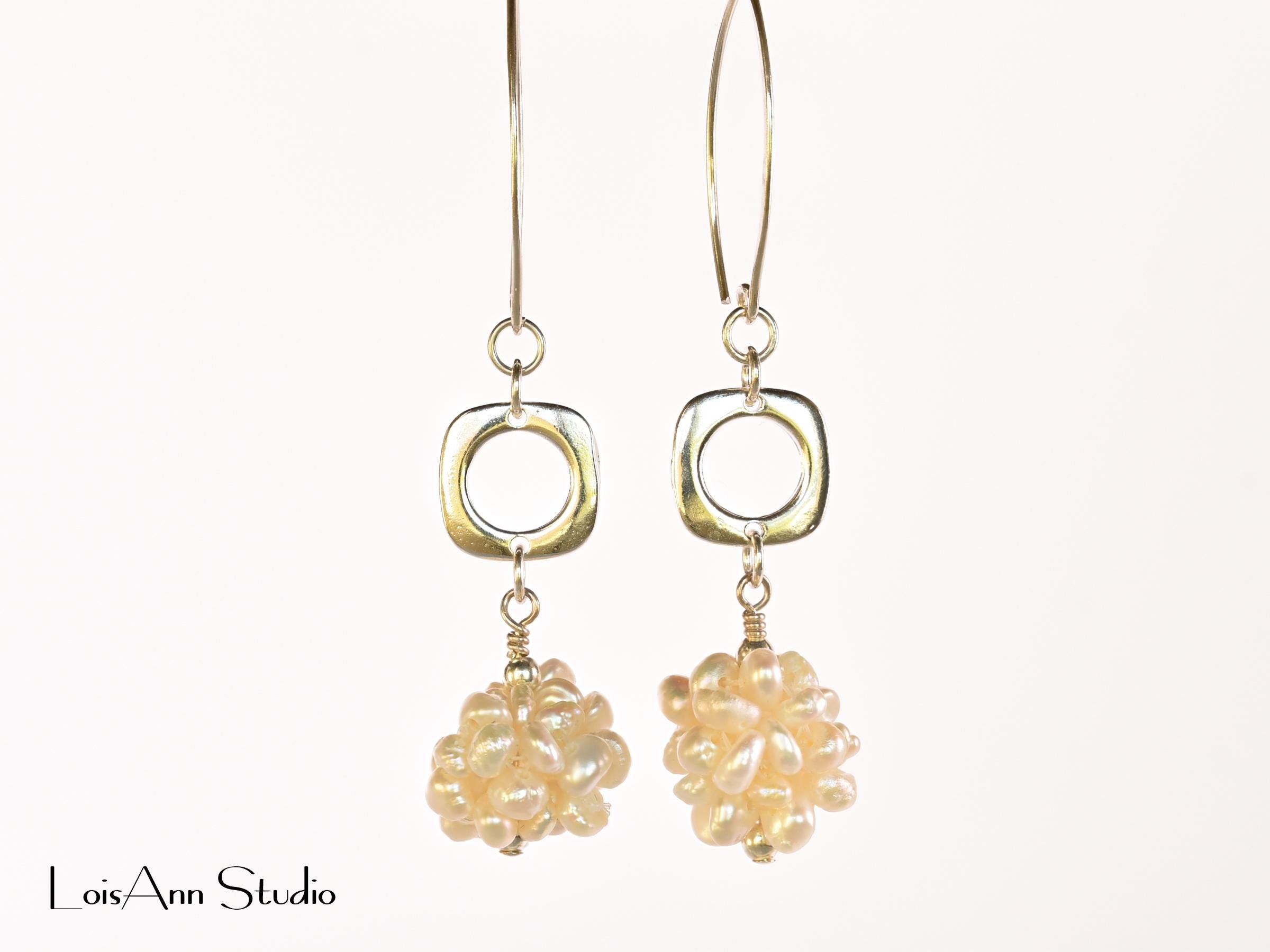 Pearl Cluster Sterling Earrings: White Freshwater Pearl Earrings, Dangling Pearl Drop Earrings, Gift for Her