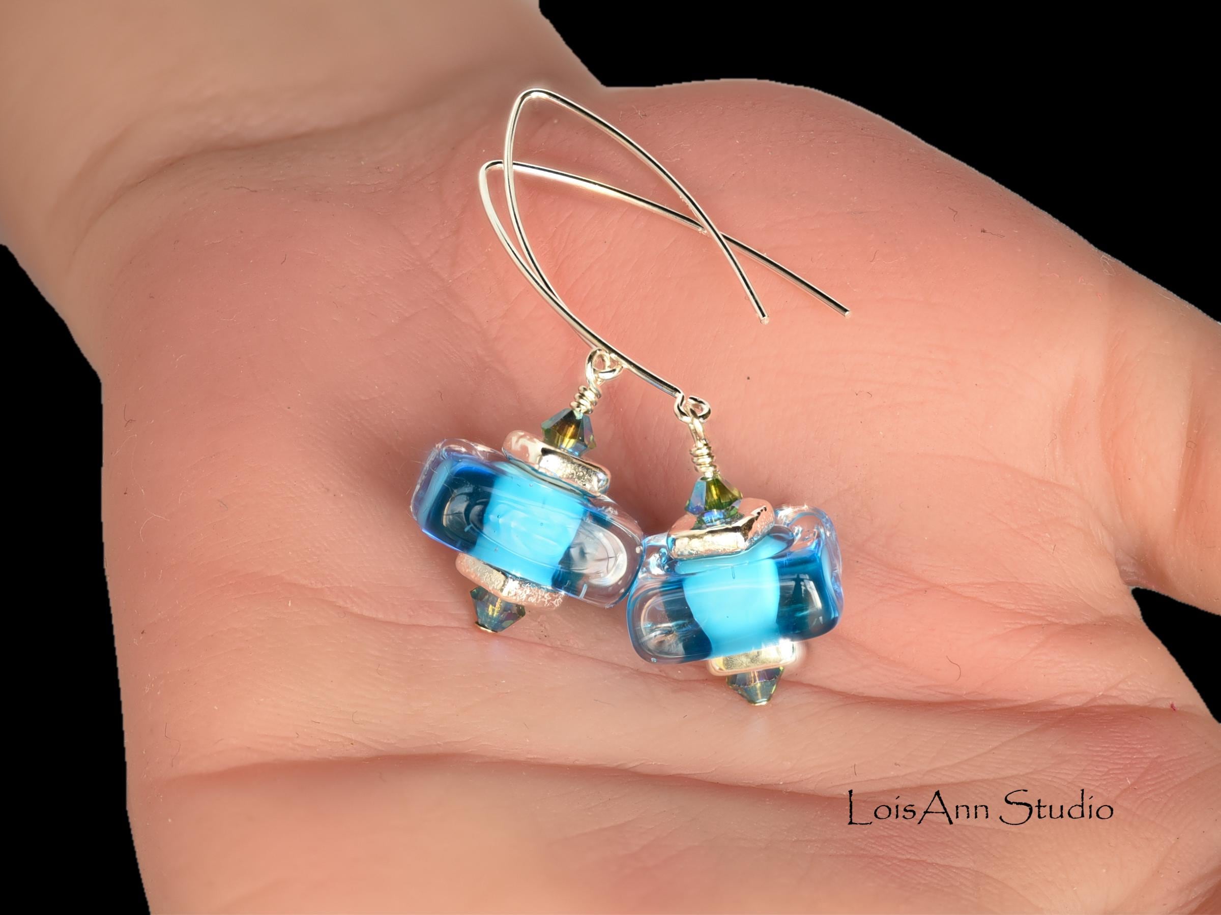 Lampwork Glass Earrings:  Electric Blue, Handmade, V Sterling Ear Wires, Gift for Her