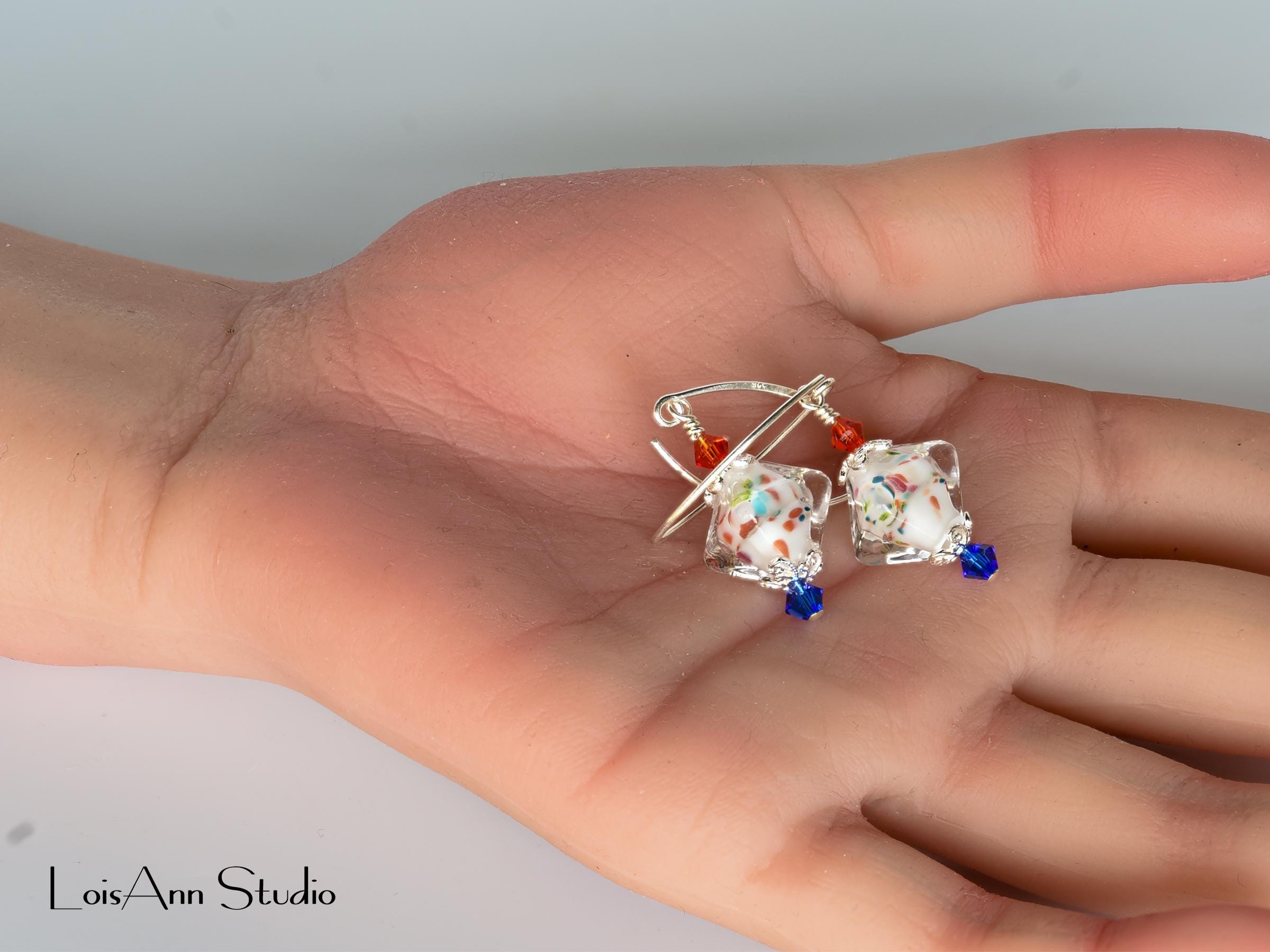 Confetti Colored Glass Beaded Earrings, Artisan Glass, Sterling Silver, Gift for Her
