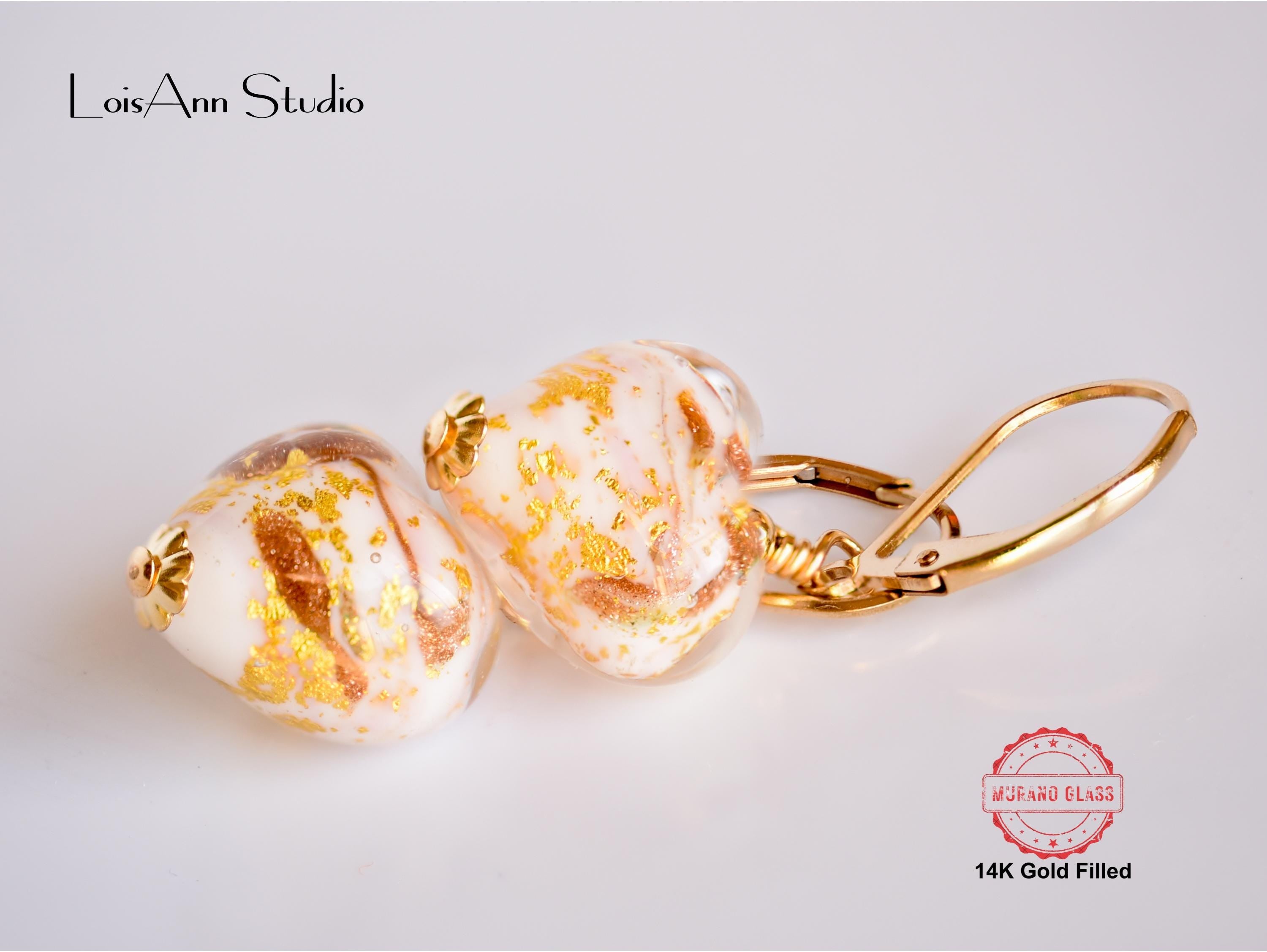 Pink Murano Heart Earrings: 14kt Gold Filled, Venetian Glass