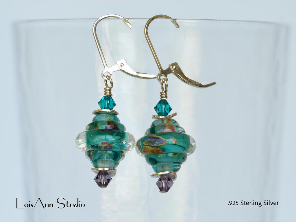 Teal Lampwork Glass Earrings: Sterling Silver, Handmade Artisan Jewelry